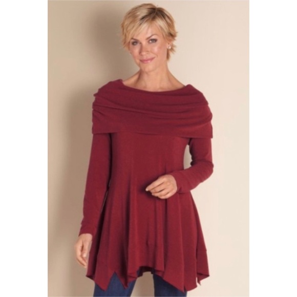 Soft Surroundings Sweaters - Soft Surroundings B Call Off Shoulder Sharkbite Tunic Top Sweater Burgundy Red